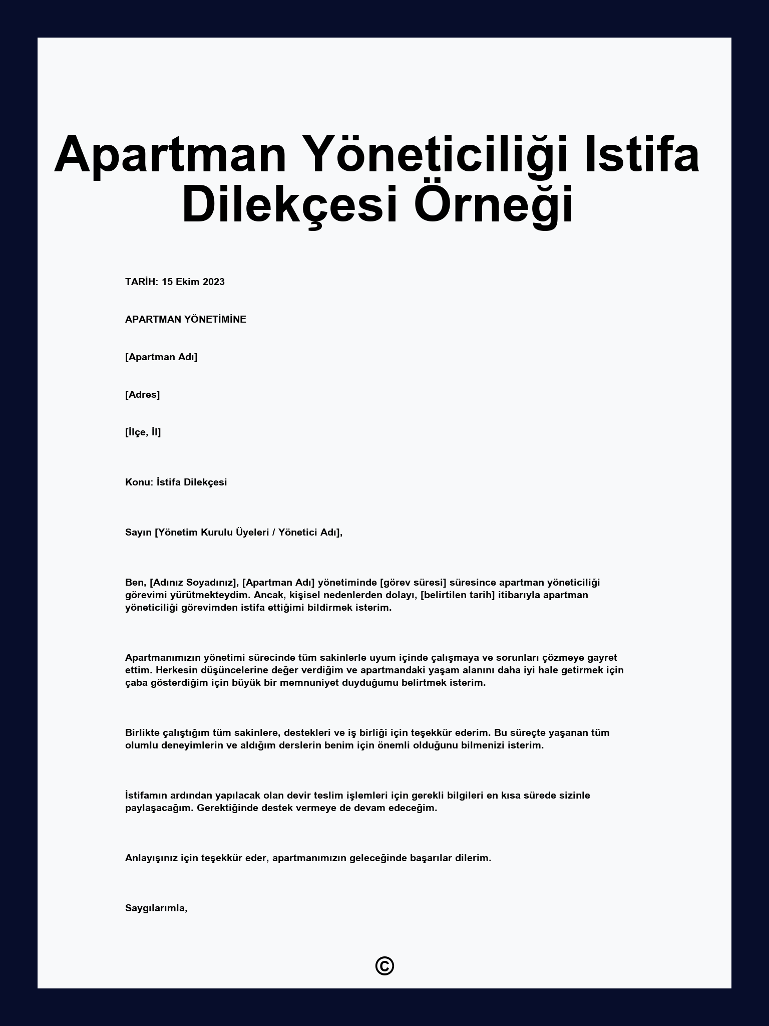 Apartman Yöneticiliği Istifa Dilekçesi Örneği