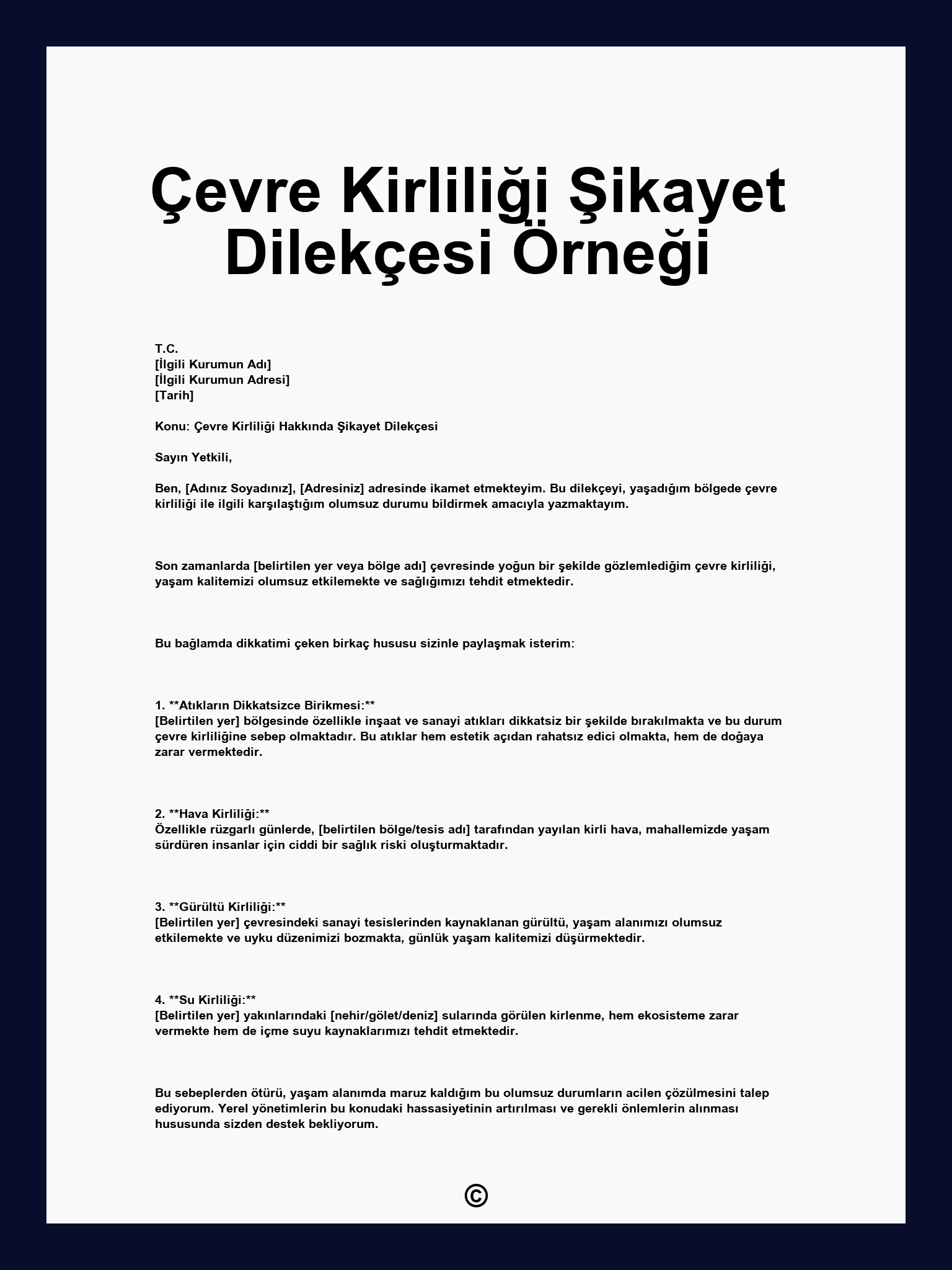 Çevre Kirliliği Şikayet Dilekçesi Örneği