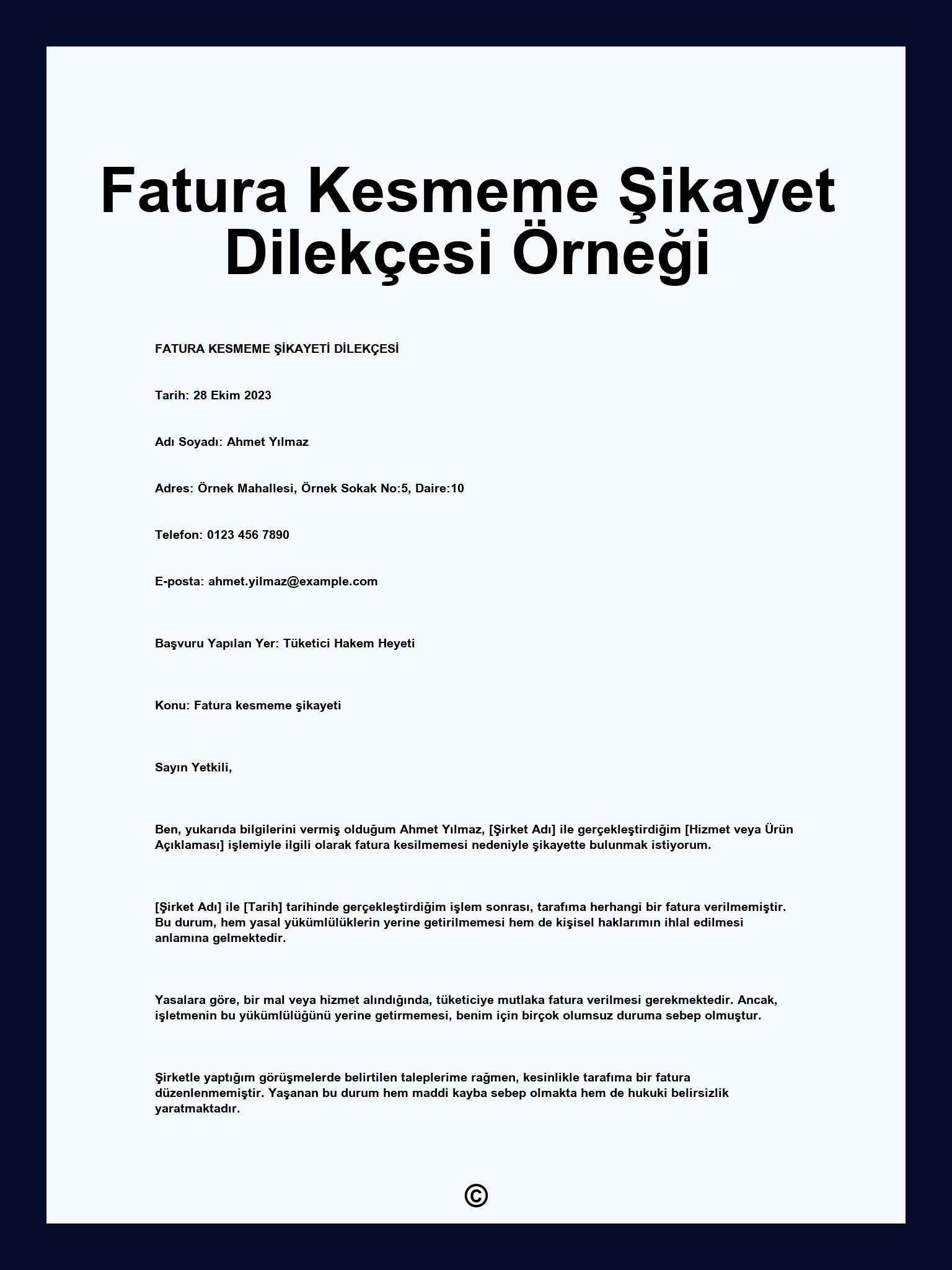 Fatura Kesmeme Şikayet Dilekçesi Örneği