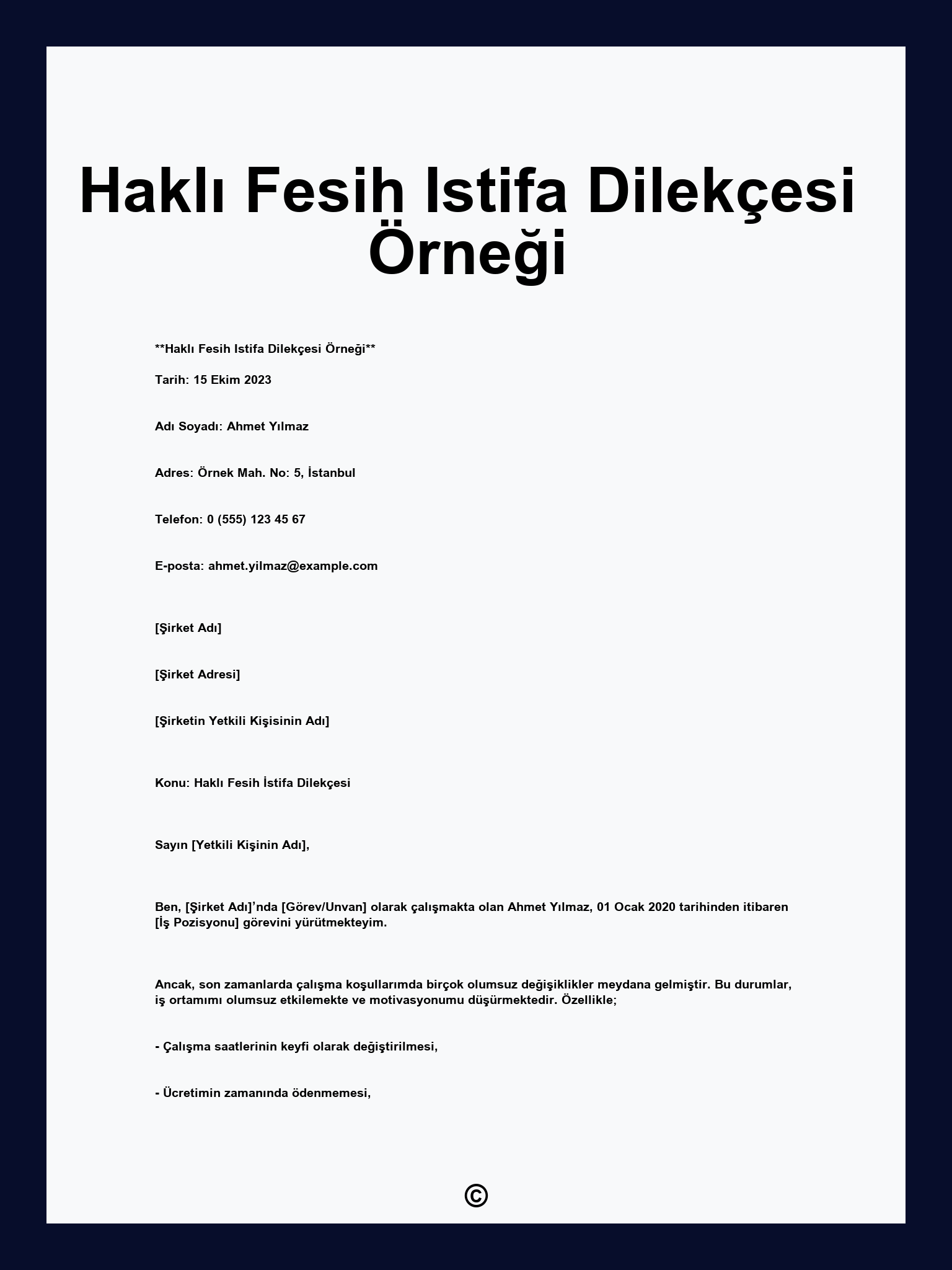 Haklı Fesih Istifa Dilekçesi Örneği