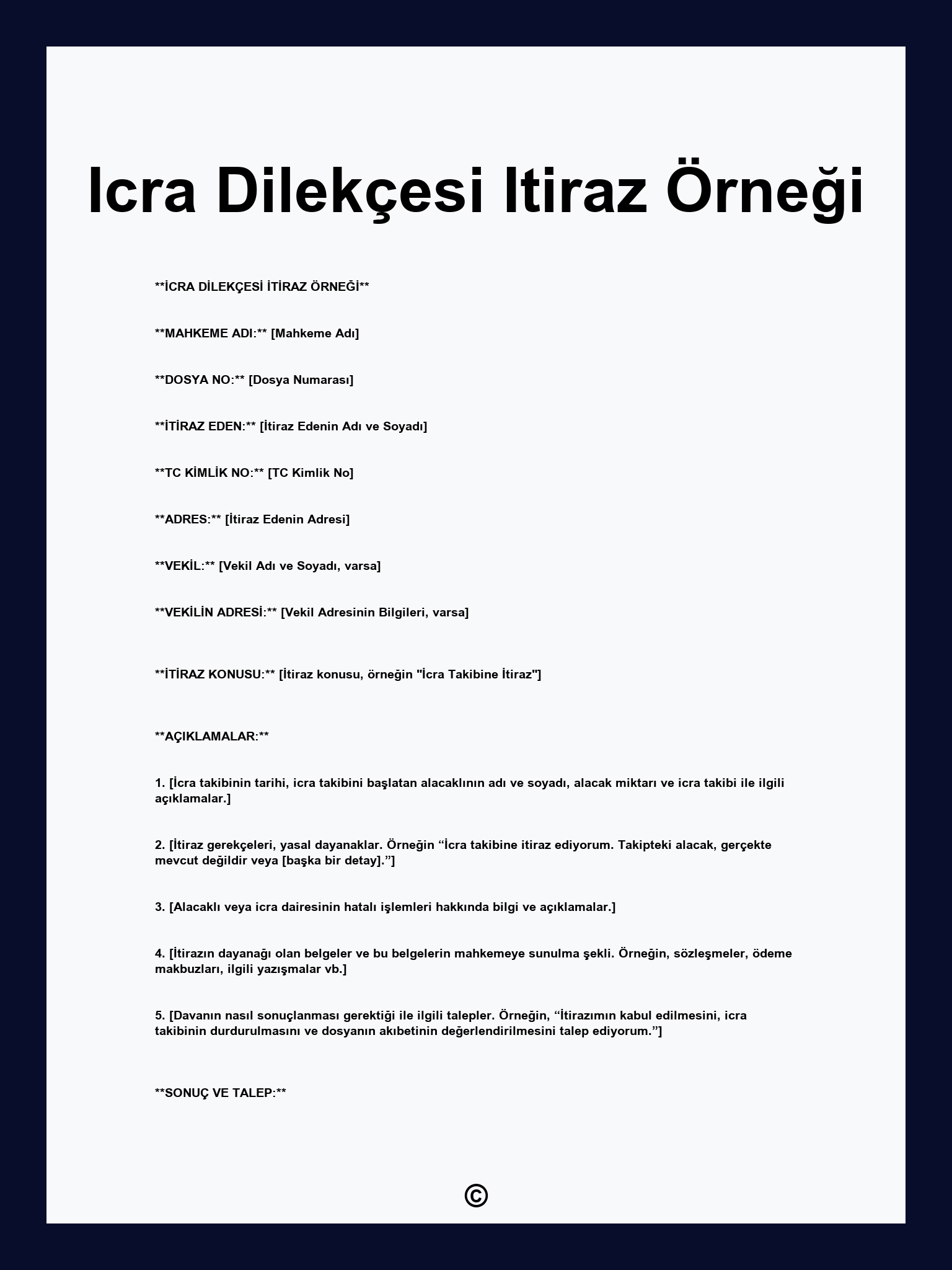 Icra Dilekçesi Itiraz Örneği