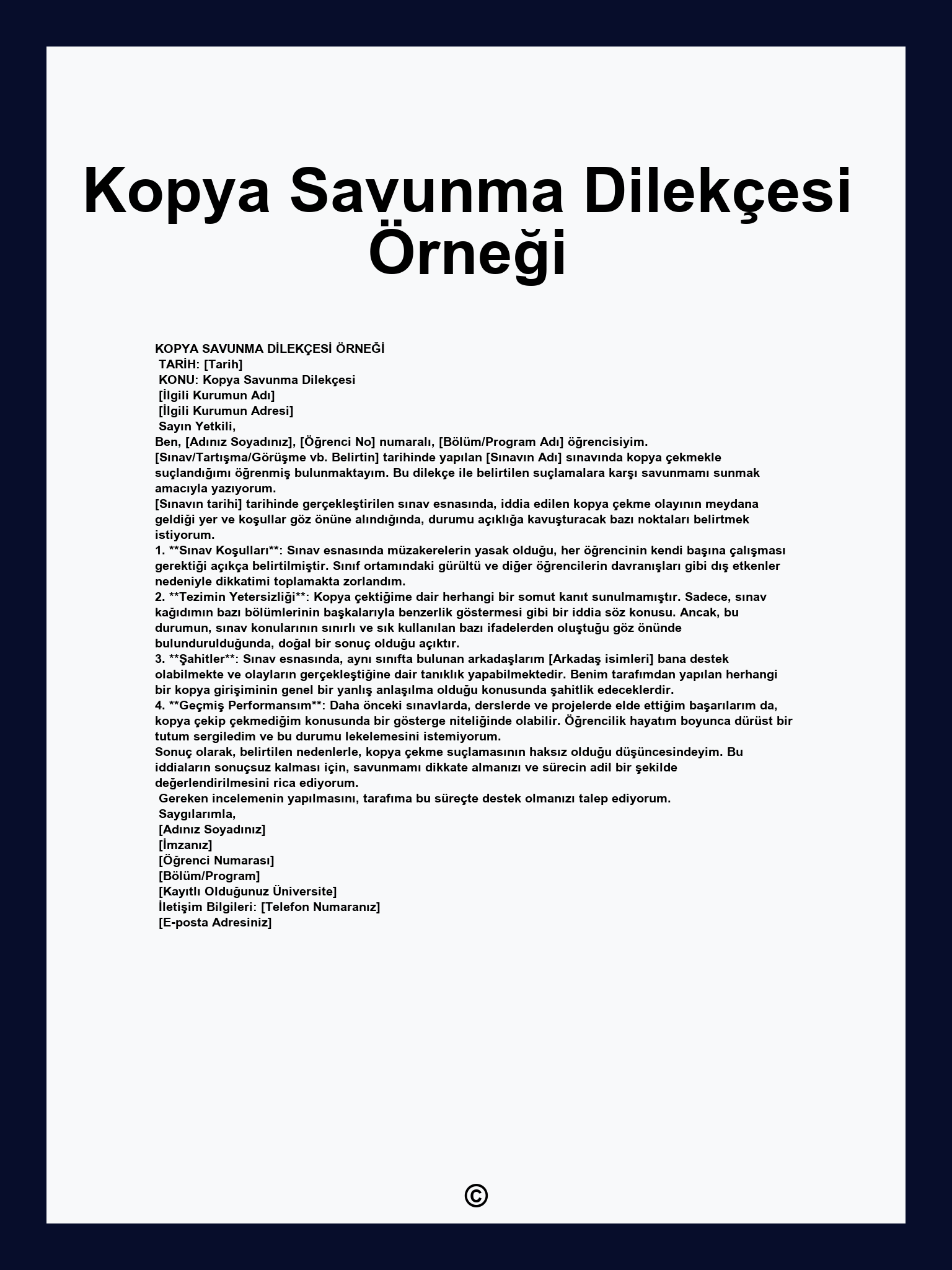 Kopya Savunma Dilekçesi Örneği