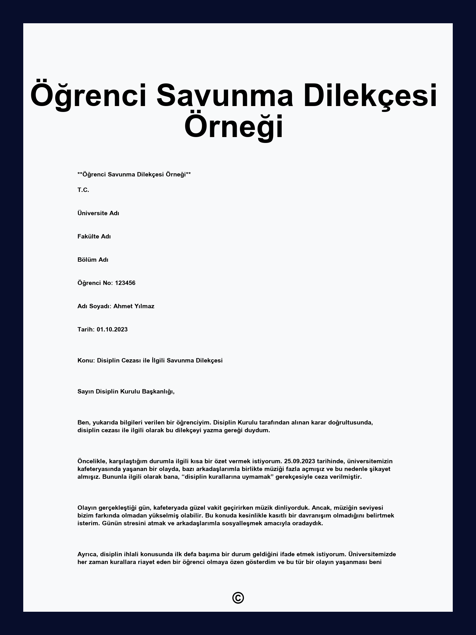 Öğrenci Savunma Dilekçesi Örneği