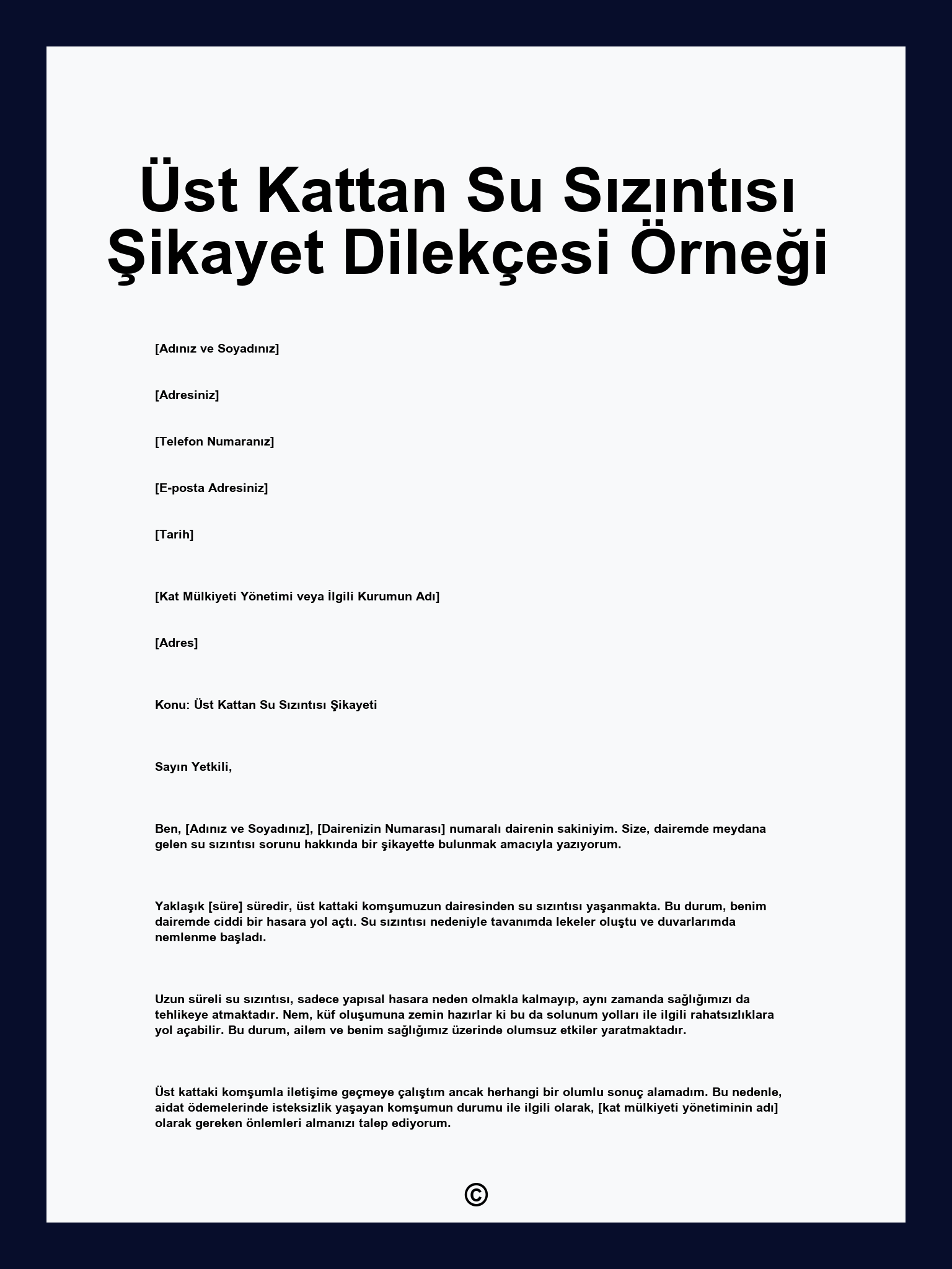 Üst Kattan Su Sızıntısı Şikayet Dilekçesi Örneği